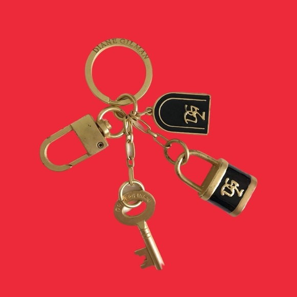Vintage DG2 Purse Charms Keychain Black Gold Belt Chain Diane Gilman Key Lock - Picture 8 of 8